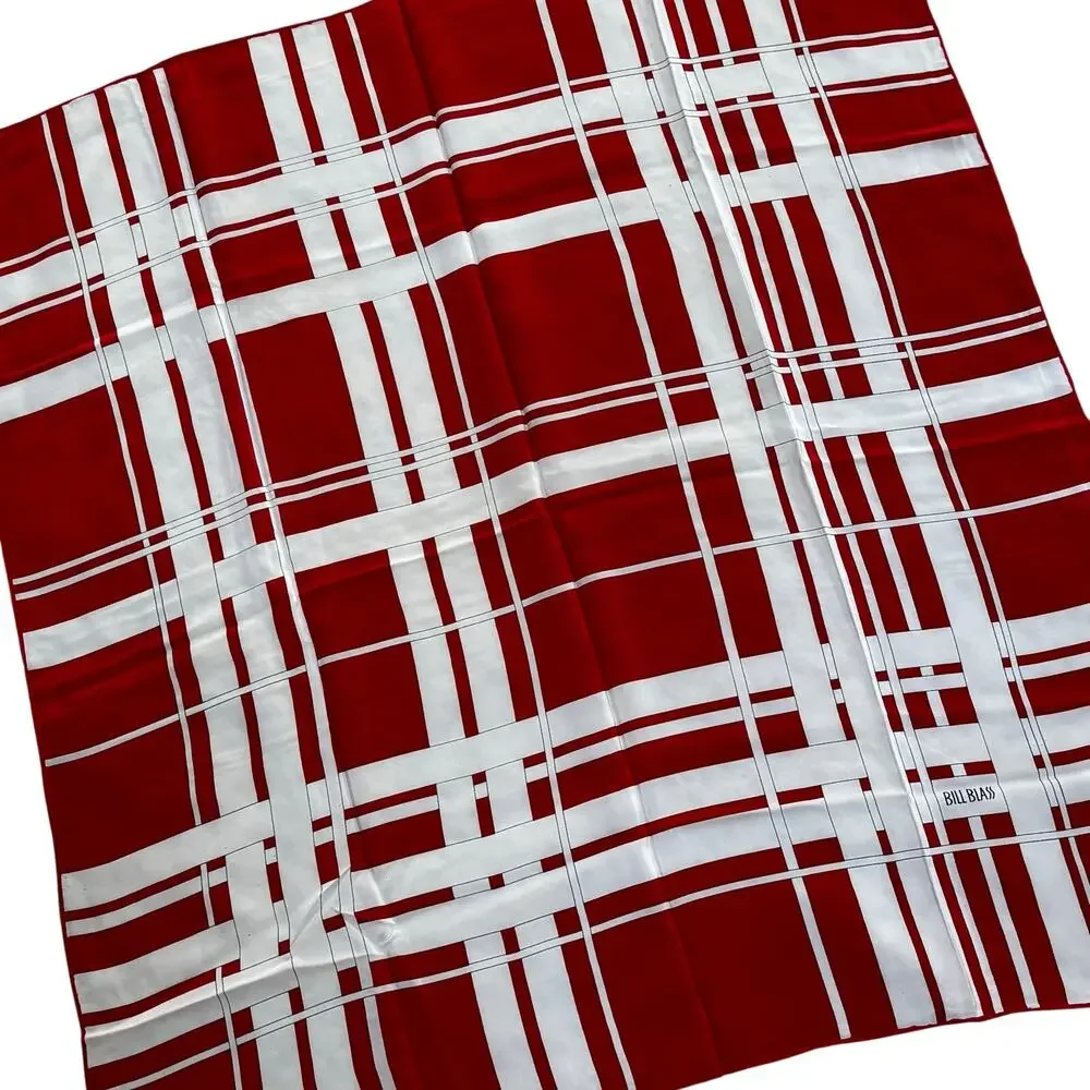 Vintage 80's designer Bill Blass silk scarf red black & cream plaid 30